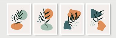 Minimum boho tarzı, tropik yapraklı poster seti. Yaprak çizgisi çizimi olan modern soyut duvar dekoru