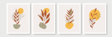 Minimum boho tarzı, tropik yapraklı poster seti. Yaprak çizgisi çizimi olan modern soyut duvar dekoru
