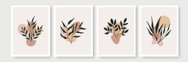 Minimum boho tarzı, tropik yapraklı poster seti. Yaprak çizgisi çizimi olan modern soyut duvar dekoru