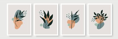 Minimum boho tarzı, tropik yapraklı poster seti. Yaprak çizgisi çizimi olan modern soyut duvar dekoru