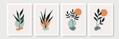 Minimum boho tarzı, tropik yapraklı poster seti. Yaprak çizgisi çizimi olan modern soyut duvar dekoru