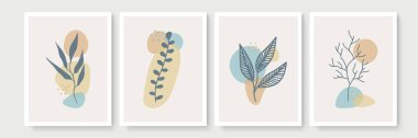 Minimum boho tarzı, tropik yapraklı poster seti. Yaprak çizgisi çizimi olan modern soyut duvar dekoru