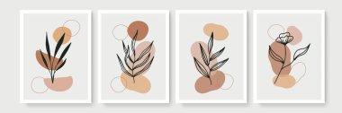 Minimum boho tarzı, tropik yapraklı poster seti. Yaprak çizgisi çizimi olan modern soyut duvar dekoru