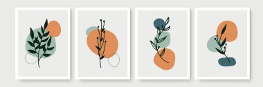 Minimum boho tarzı, tropik yapraklı poster seti. Yaprak çizgisi çizimi olan modern soyut duvar dekoru