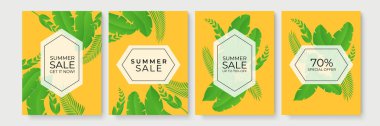 Tropikal kağıt kesim yapraklı yaz indirimi afişi. Yeşil tropikal palmiye yaprakları ya da yapraklardan yapılmış çerçeve ya da kenarlı dikey yaz arkaplan koleksiyonu veya metin için yer