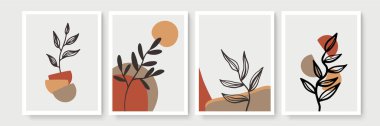 Botanik duvar sanatı seti. Soyut şekilli boho yaprak çizimi. Asgari ve doğal duvar dekorasyonu