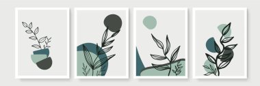 Minimum boho tarzı, tropik yapraklı poster seti. Yaprak çizgisi çizimi olan modern soyut duvar dekoru