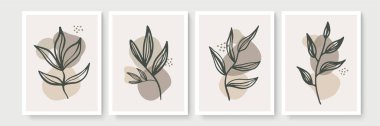 Botanik duvar sanatı seti. Soyut şekilli boho yaprak çizimi. Asgari ve doğal duvar dekorasyonu