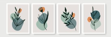 Minimum boho tarzı, tropik yapraklı poster seti. Yaprak çizgisi çizimi olan modern soyut duvar dekoru
