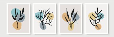 Minimum boho tarzı, tropik yapraklı poster seti. Yaprak çizgisi çizimi olan modern soyut duvar dekoru