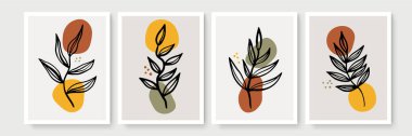 Minimum boho tarzı, tropik yapraklı poster seti. Yaprak çizgisi çizimi olan modern soyut duvar dekoru