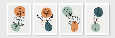 Minimum boho tarzı, tropik yapraklı poster seti. Yaprak çizgisi çizimi olan modern soyut duvar dekoru