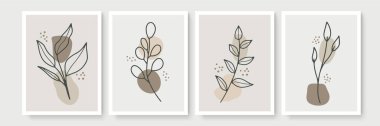 Minimum boho tarzı, tropik yapraklı poster seti. Yaprak çizgisi çizimi olan modern soyut duvar dekoru