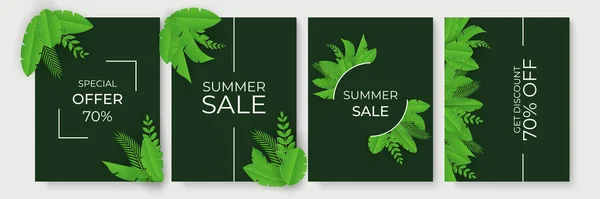 夏季销售横幅与热带剪纸叶子 收集由热带绿色棕榈叶或叶子制成的框架或边框的垂直夏季背景和文字位置 — 图库矢量图片