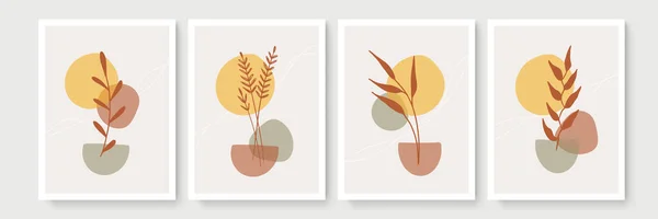 Conjunto Póster Estilo Boho Minimalista Con Hoja Tropical Decoración Pared — Vector de stock