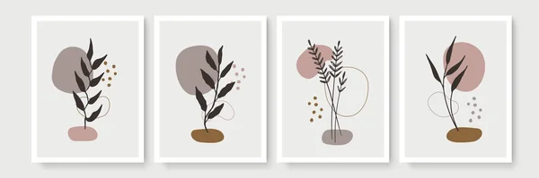 Boho Blattlinie Kunst Zeichnung Mit Abstrakter Form Abstrakte Pflanzenkunst Moderne — Stockvektor