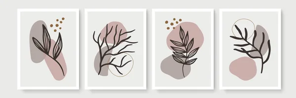 Minimum boho tarzı, tropik yapraklı poster seti. Yaprak çizgisi çizimi olan modern soyut duvar dekoru