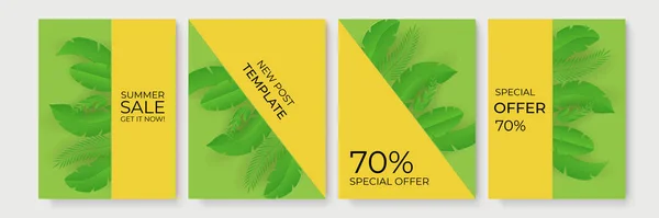 Summer Sale Banner Tropical Paper Cut Leaves Collection Vertical Summer — Stock Vector