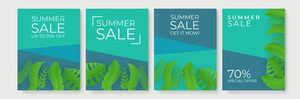 夏季销售横幅与热带剪纸叶子 收集由热带绿色棕榈叶或叶子制成的框架或边框的垂直夏季背景和文字位置 — 图库矢量图片