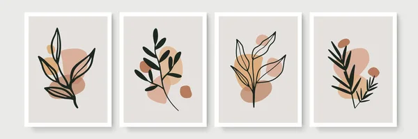 Botanische Muur Kunst Set Boho Gebladerte Lijn Kunst Tekening Met — Stockvector