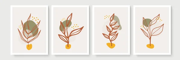 Conjunto Arte Pared Botánica Dibujo Línea Follaje Boho Con Forma — Vector de stock