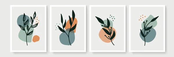 Conjunto Arte Pared Botánica Dibujo Línea Follaje Boho Con Forma — Vector de stock