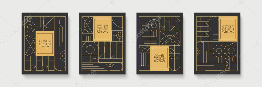 Geometric Art Deco geometric pattern with label, gold on black background. Golden, vintage, retro, autumn, winter, frame sign. Decorative abstract design, cover template, elegant luxury lines