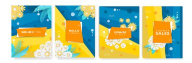 Merhaba Summer, indirimli afiş. Ayrıca Anneler Günü tebrik kartı, Kadınlar Günü, Merhaba Bahar. Sosyal medya gönderileri, mobil uygulamalar, pankartlar tasarımı ve İnternet reklamları için modaya uygun soyut çiçek şablonları