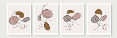 Soyut modern botanik poster koleksiyonu. Soyut şekilli suluboya iç dekorasyonlar için organik bir duvar posteri. Nötr macun rengi, yeşillik çizimi. Akrilik vektör