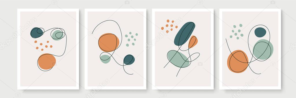 Abstract modern botanical boho poster collection. Organic bohemian wall art poster for minimal luxury interior with watercolor abstract shapes. Neutral paster color, foliage drawing. Acrylic vector