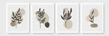 Botanik duvar sanat vektörü ayarlandı. Soyut şekilli, toprak tonunda boho yaprağı çizimi. Baskı, kapak, duvar kağıdı, asgari ve doğal duvar sanatı için soyut bitki sanatı tasarımı