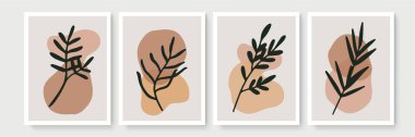 Botanik duvar sanat vektörü ayarlandı. Soyut şekilli, toprak tonunda boho yaprağı çizimi. Baskı, kapak, duvar kağıdı, asgari ve doğal duvar sanatı için soyut bitki sanatı tasarımı