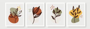 Botanik duvar sanat vektörü ayarlandı. Asgari ve doğal duvar sanatı. Soyut şekilli boho yaprak çizimi. Baskı, duvar kağıdı ve kapak için soyut Bitki Sanatı tasarımı. Modern vektör illüstrasyonu
