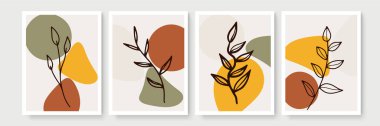 Botanik duvar sanat vektörü ayarlandı. Asgari ve doğal duvar sanatı. Soyut şekilli boho yaprak çizimi. Baskı, duvar kağıdı ve kapak için soyut Bitki Sanatı tasarımı. Modern vektör illüstrasyonu