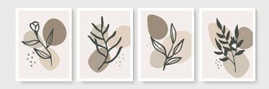 Botanik duvar sanat vektörü ayarlandı. Asgari ve doğal duvar sanatı. Soyut şekilli boho yaprak çizimi. Baskı, duvar kağıdı ve kapak için soyut Bitki Sanatı tasarımı. Modern vektör illüstrasyonu