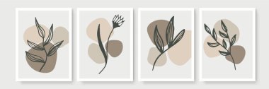 Botanik duvar sanat vektörü ayarlandı. Asgari ve doğal duvar sanatı. Soyut şekilli boho yaprak çizimi. Baskı, duvar kağıdı ve kapak için soyut Bitki Sanatı tasarımı. Modern vektör illüstrasyonu