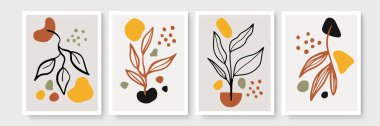 Botanik duvar sanat vektörü ayarlandı. Asgari ve doğal duvar sanatı. Soyut şekilli boho yaprak çizimi. Baskı, duvar kağıdı ve kapak için soyut Bitki Sanatı tasarımı. Modern vektör illüstrasyonu
