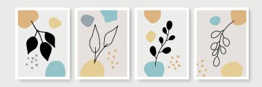 Botanik duvar sanat vektörü ayarlandı. Asgari ve doğal duvar sanatı. Soyut şekilli boho yaprak çizimi. Baskı, duvar kağıdı ve kapak için soyut Bitki Sanatı tasarımı. Modern vektör illüstrasyonu