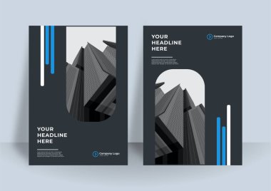 Modern mavi kapak tasarım şablonu. Soyut grafik elemanları ve fotoğraf arkaplanı için alanı olan grafik tasarım düzeni. Ayrıca kartvizit, dergi, poster, iş sunumu, broşür, afiş