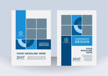 Modern mavi kapak tasarım şablonu. Soyut grafik elemanları ve fotoğraf arkaplanı için alanı olan grafik tasarım düzeni. Ayrıca kartvizit, dergi, poster, iş sunumu, broşür, afiş