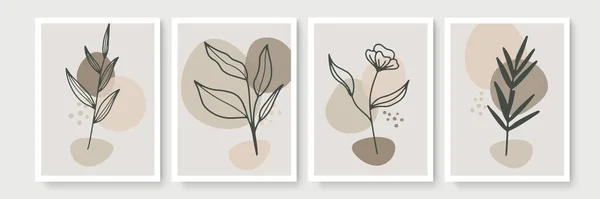 Botanische Muur Kunst Vector Set Aardetoon Boho Gebladerte Lijn Kunst — Stockvector