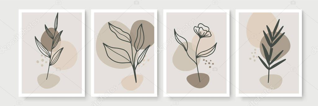 Botanical wall art vector set. Earth tone boho foliage line art drawing with abstract shape. Abstract Plant Art design for print, cover, wallpaper, Minimal and natural wall art