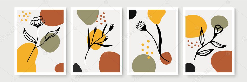 Botanical wall art vector set. Minimal and natural wall art. Boho foliage line art drawing with abstract shape. Abstract Plant Art design for print, wallpaper, cover. Modern vector illustration