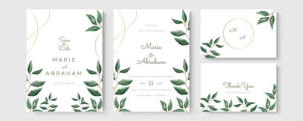 Hochzeitseinladungsschablone Set Mit Blattlinien Kunst Botanische Blätter Handgezeichnet Florales Plakat — Stockvektor