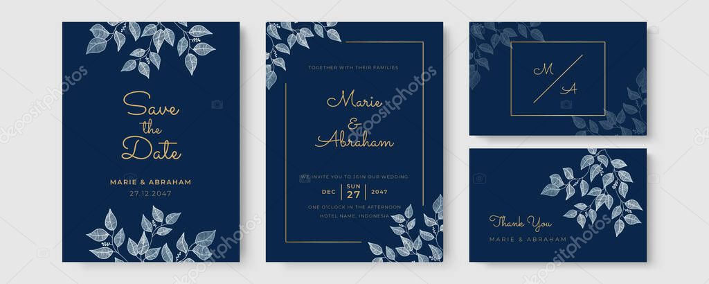 Wedding invitation template set with foliage line art. Botanical leaves hand-drawn. Floral poster, invite. Vector decorative greeting card or invitation design background