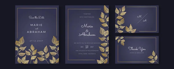 Hochzeitseinladungsschablone Set Mit Blattlinien Kunst Botanische Blätter Handgezeichnet Florales Plakat — Stockvektor