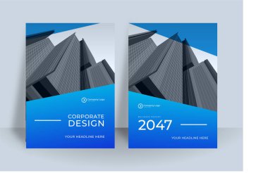 Modern mavi beyaz A4 kapak tasarımı iş için ayarlandı. Kurumsal konsept vektör illüstrasyonlu soyut geometri. Broşür, yıllık rapor, endüstriyel katalog tasarımı için iyi