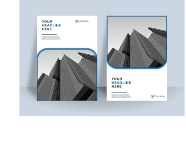 Modern mavi beyaz A4 kapak tasarımı iş için ayarlandı. Kurumsal konsept vektör illüstrasyonlu soyut geometri. Broşür, yıllık rapor, endüstriyel katalog tasarımı için iyi