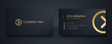 Altın deco geometrik çizgileri olan lüks siyah kartvizit tasarım şablonu. Modern şirket kavramına sahip karanlık bir altyapı. Mavi altın modern kartvizit tasarımı