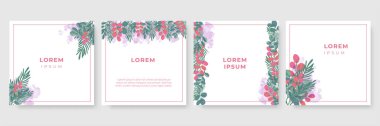 Üzerinde pembe çiçek olan bir kart seti, çiçek yaprakları suluboya. Düğün yeşilliği konsepti terk eder. Çiçekli poster, düğün davetiyesi şablonu. Vektör dekoratif tebrik kartı veya davet tasarım arkaplanı